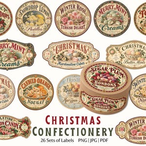Puede incluir: Una colección de veintiséis etiquetas de confitería de estilo vintage, circulares y rectangulares, con ilustraciones de dulces como mentas, delicias turcas y turrón, junto con tipografía decorativa y temas festivos navideños.