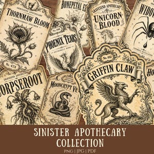 May include: A collection of vintage-style apothecary labels featuring intricate black ink illustrations of mythical creatures and plants. Labels include text such as Thornmaw Bloom, Unicorn Blood, Widow's Blood, Phoenix Tears, Corpseroot, and Griffin Claw.