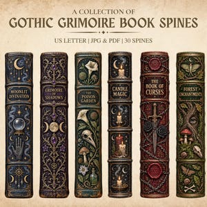 May include: A collection of eight vertical book spines featuring intricate embossed designs and titles including Belladonna Spells, Moonlit Divination, Grimoire of Shadows, The Poison Garden, Candle Magic, The Book of Curses, Forest Enchantments, and Runes of the Old Moon.