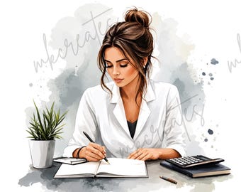 Pode incluir: Uma coleção de quatro ilustrações de moda com pessoas em trajes profissionais. Uma usa um laptop com uma bolsa rosa, outra trabalha em um computador, uma escreve em um caderno e uma está sentada em uma cadeira com livros e uma xícara.