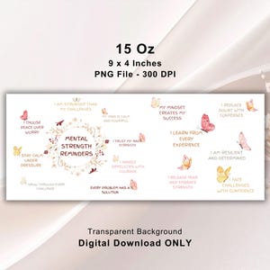May include: A rectangular digital print with a transparent background, featuring the text "Mental Strength Reminders" surrounded by butterflies and inspirational phrases. The print measures 9 x 4 inches and is a PNG file.