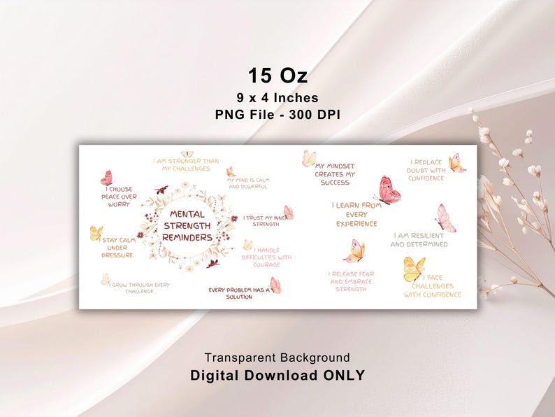 May include: A rectangular digital print with a transparent background, featuring the text "Mental Strength Reminders" surrounded by butterflies and inspirational phrases. The print measures 9 x 4 inches and is a PNG file.