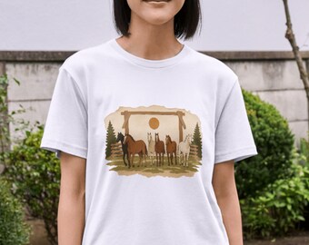 May include: A white short-sleeved t-shirt featuring a central graphic illustration of five horses standing in a field. The scene includes a wooden fence, pine trees, and a large orange sun set against a beige background with a torn paper edge effect.