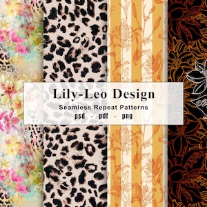 May include: A collection of seamless repeat patterns. Designs include floral, leopard print, striped, and floral line art. The text "Lily-Leo Design" is displayed with "Seamless Repeat Patterns" and file type information.
