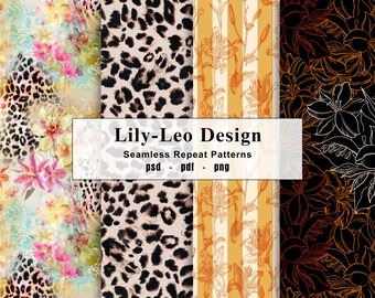 May include: A collection of seamless repeat patterns. Designs include floral, leopard print, striped, and floral line art. The text "Lily-Leo Design" is displayed with "Seamless Repeat Patterns" and file type information.