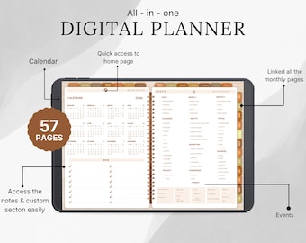 May include: A digital planner displayed on a tablet, featuring a calendar, index, and notes sections. The screen shows 57 pages with the text "All-in-one DIGITAL PLANNER." The planner includes quick access to the home page and linked monthly pages.