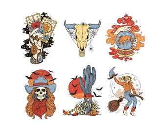 May include: A collection of six illustrations featuring a hand holding tarot cards, a bull skull with a spider web, a crystal ball with a horse, a skull wearing a cowboy hat, a skeleton by a cactus, and a person riding a broomstick.