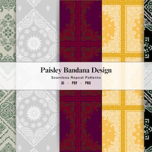 May include: A selection of paisley bandana designs in shades of green, grey, yellow, and burgundy. The image shows seamless repeat patterns. Text reads "Paisley Bandana Designs" and "Seamless Repeat Patterns".