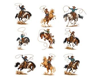 May include: A collection of nine illustrations featuring cowboys and cowgirls riding horses in various dynamic poses. Each figure wears a hat and western attire, with some swinging lassos above their heads while their horses gallop or rear up.