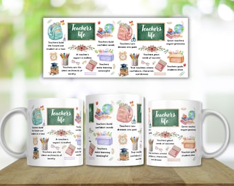 May include: A white ceramic mug featuring a colorful watercolor design of school supplies including a chalkboard with the text Teacher's life, a globe, books, a backpack, a pencil cup, and a clock, accompanied by inspirational quotes about teaching.