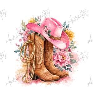 Könnte beinhalten: Eine Aquarellillustration mit einem Paar brauner Leder-Cowboystiefel, einem rosa Cowboyhut und einem aufgerollten Seil. Die Gegenstände sind vor einem Hintergrund aus bunten rosa und gelben Blüten sowie grünem Blattwerk angeordnet.