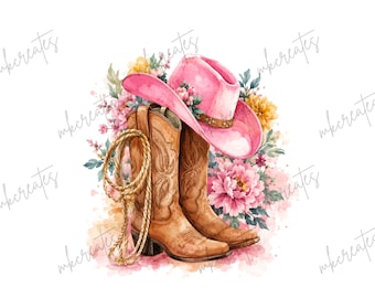 May include: A watercolor illustration featuring a pair of brown leather cowboy boots, a pink cowboy hat, and a coiled rope. The items are arranged against a backdrop of colorful pink and yellow floral blossoms and green foliage.