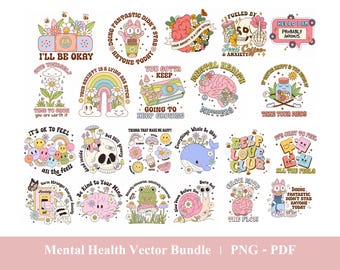 May include: A collection of twenty colorful vector illustrations featuring mental health themes, including brains, skulls, flowers, rainbows, animals, and inspirational text like I'll Be Okay, Mental Health Matters, and Self Love Club in a retro style.