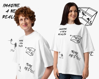 May include: White t-shirts with black graphic designs and text. The text includes "IMAGINE 4 NEW REALITY" and "MORE INTENSE". The shirts have a relaxed fit and short sleeves. The design features geometric shapes and abstract lines.