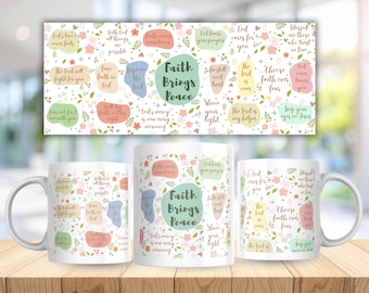 May include: Three white ceramic mugs with a floral design and inspirational quotes. The mugs feature the text "Faith Brings Peace" and other phrases in a colorful, pastel palette. A matching banner is visible behind the mugs.