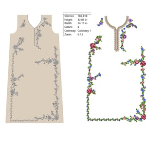 May include: A beige sleeveless tunic featuring a gray floral embroidery pattern, displayed alongside a colorful version of the same design. Technical specifications include 169,618 stitches, a height of 42.05 inches, and a width of 24.11 inches.