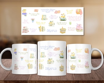 May include: Three white ceramic mugs with a watercolor design featuring books, flowers, and inspirational quotes. A matching rectangular print is displayed behind the mugs. The quotes include phrases like "Reading is a quiet power."