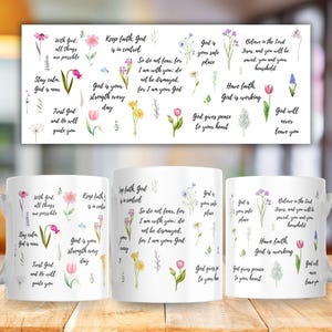 Puede incluir: Tazas de cerámica blanca con diseños florales y citas inspiradoras. Las tazas presentan flores de acuarela y frases como "Ten fe, Dios está en control" y "Dios es tu lugar seguro".