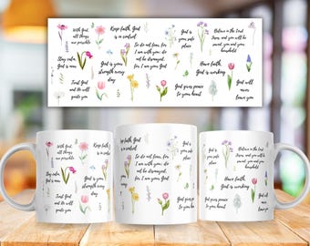May include: White ceramic mugs with floral designs and inspirational quotes. The mugs feature watercolor flowers and phrases like "Keep faith, God is in control" and "God is your safe place."