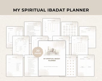May include: A collection of 20-page spiritual planners with various templates for tracking daily activities, including a daily schedule, mood tracker, and Quran tracker. The cover reads "My Spiritual Ibadat Planner."