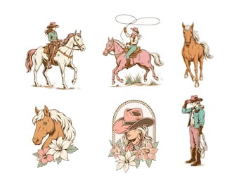 May include: A collection of six western-themed illustrations featuring a rider on a white horse, a rider on a pink horse with a lasso, a brown horse, a horse head with flowers, a person in a pink cowboy hat with flowers, and a standing rider with a lasso.