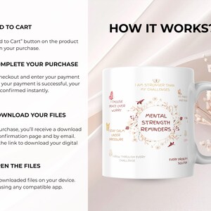 May include: White ceramic mug with a handle, featuring the text "MENTAL STRENGTH REMINDERS" surrounded by floral and butterfly illustrations. The mug also includes inspirational phrases. The mug is a motivational gift.
