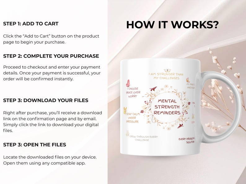 May include: White ceramic mug with a handle, featuring the text "MENTAL STRENGTH REMINDERS" surrounded by floral and butterfly illustrations. The mug also includes inspirational phrases. The mug is a motivational gift.