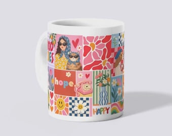 Retro Collage Mug Wrap, Cats, Flowers, Lemons (Digital Download)