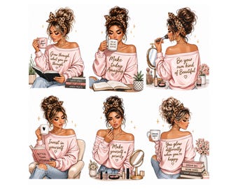May include: A collection of six digital illustrations featuring a person with a messy bun and leopard print headband wearing a light pink off-the-shoulder sweatshirt. Each scene includes motivational text like Grow through what you go through.