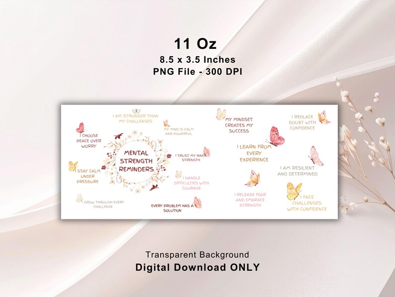 May include: A digital download featuring a rectangular design with the text "Mental Strength Reminders." The design includes watercolor butterflies and inspirational phrases. Dimensions are 8.5 x 3.5 inches.