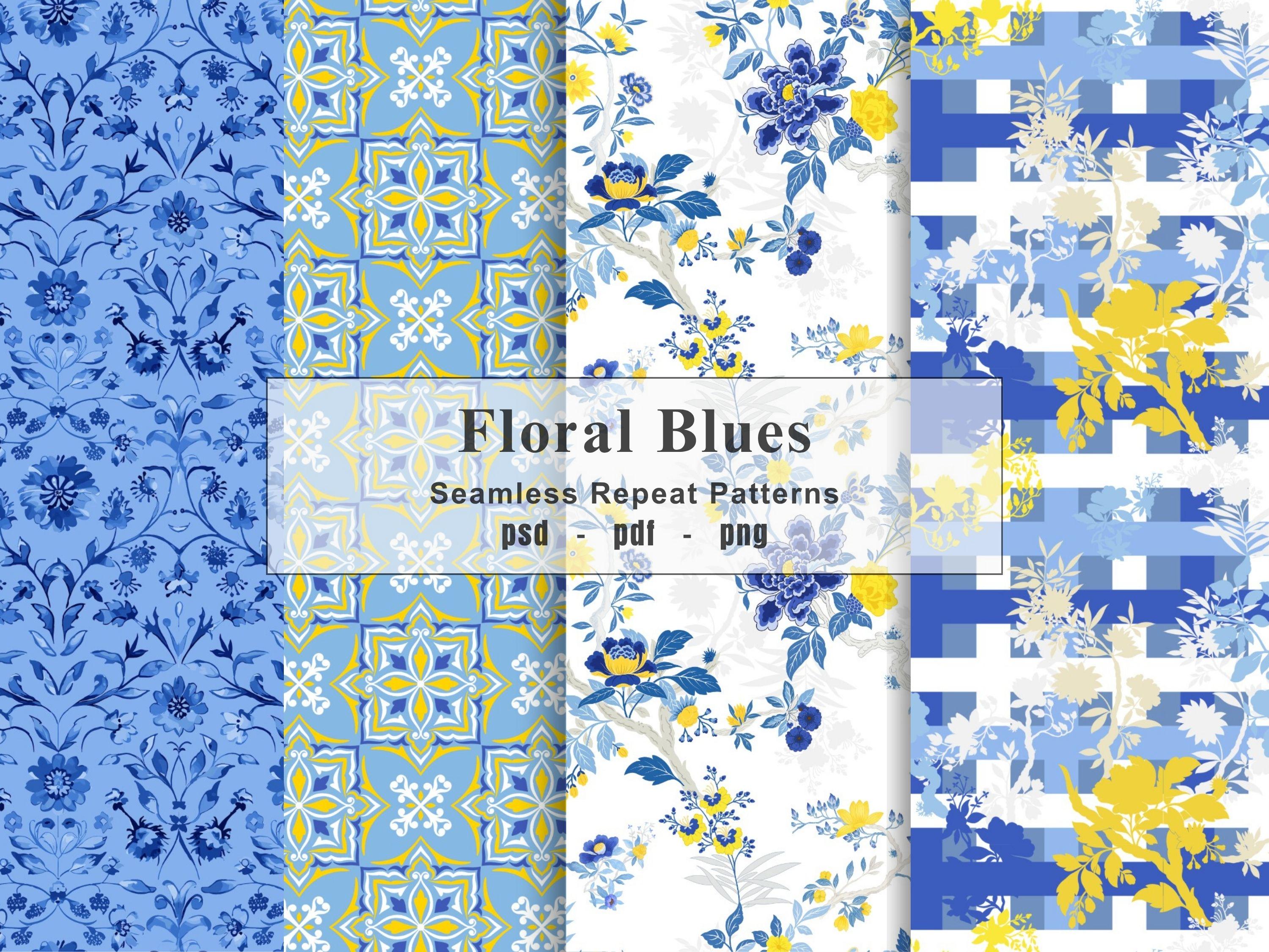 May include: A collection of seamless repeat patterns in shades of blue, yellow, and white. The patterns include floral designs, geometric shapes, and a checkered pattern. The text "Floral Blues" is displayed in the center.
