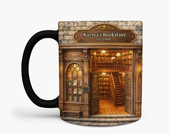 May include: A black ceramic mug featuring a detailed illustration of a bookstore storefront with a wooden facade, a stone-textured wall, and a sign that reads Karma's Bookstore est. 1999. The interior shows shelves of books and a wooden staircase.