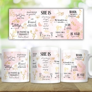 May include: Three white ceramic mugs featuring a soft pink watercolor background with gold floral accents and black inspirational text including phrases like Self love matters, Always believe in yourself, I am blessed, She is extraordinary, and Be kind.
