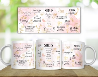 May include: Three white ceramic mugs featuring a soft pink watercolor background with gold floral accents and black inspirational text including phrases like Self love matters, Always believe in yourself, I am blessed, She is extraordinary, and Be kind.