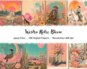 May include: A collection of digital papers titled Westrn Retro Bloom featuring western-themed illustrations including horses, cowboys, pink hats, cacti, desert landscapes, vintage trucks, motel signs, and floral arrangements in a retro color palette.