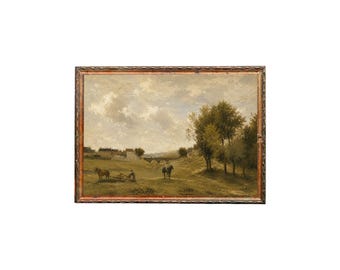 May include: An oil painting in a dark wood frame depicting a rural landscape with a person plowing a field with a horse, another horse standing nearby, green grass, trees, a stone bridge in the distance, and a cloudy sky above a small village.