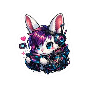 Cyberpunk Neon Bunny Sticker Kawaii Gamer Rabbit with Futuristic Headset Magical Tech Animal