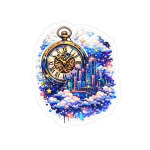 May include: A sticker featuring a detailed illustration of a pocket watch with Roman numerals, gears, and a cityscape. The watch is surrounded by clouds, stars, and a colorful, vibrant sky. The buildings are illuminated with blue, purple, and pink hues.