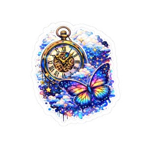 May include: A sticker featuring a gold pocket watch with Roman numerals and intricate gears, a colorful butterfly, and fluffy clouds. The butterfly has rainbow-colored wings. The background is a starry night sky with blue and purple hues.
