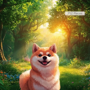 以下が含まれることがあります： 豊かな森の中で微笑む柴犬のデジタルイラスト。犬はオレンジと白の毛皮をしています。背景には木々、太陽の光、そして「252 Pieces」の文字が描かれています。
