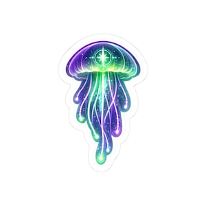 May include: A sticker featuring a vibrant jellyfish design. The jellyfish has a rounded, purple and blue cap with a starburst design. Its tentacles are a mix of green, purple, and white, with glowing orbs at the ends. The sticker is on a white background.