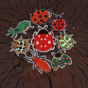 Può includere: Una collezione di toppe ricamate a forma di insetti, tra cui coccinelle, scarabei e altri insetti. Le toppe presentano vari colori come rosso, verde, arancione e marrone, con dettagli neri. Sono disposte su una superficie di legno scuro.