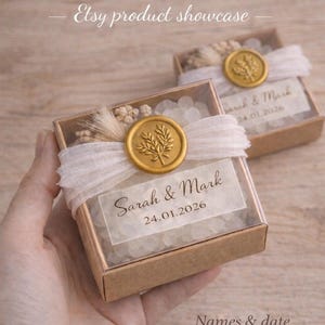 Cajas personalizadas para recuerdos de boda, regalo con nombre personalizado, recuerdo para despedida de soltera, regalo rústico para invitados, caja con sello de cera, recuerdo de compromiso