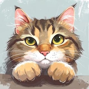 Op de afbeelding: Een aquarel illustratie van een pluizige kat met bruin en bruin haar, groene ogen en een roze neus. De poten van de kat rusten op een oppervlak, en zijn oren staan overeind. De achtergrond is zachtblauw.