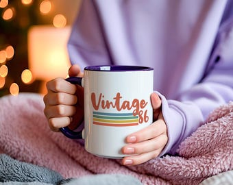 Personalised Vintage 1986 striped retro graphic Mug, 80s inspired typography, 40th Birthday Gift, Gift For Her. Gift For Him