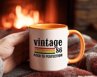 Personalised Vintage 1986 Aged To Perfection Striped Retro Graphic Mug, 80s inspired typography, 40th Birthday Gift, Birthday Gift