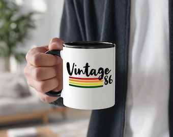Personalised Vintage 1986 striped retro graphic Mug, 80s inspired typography, 40th Birthday Gift, Gift For Her. Gift For Him