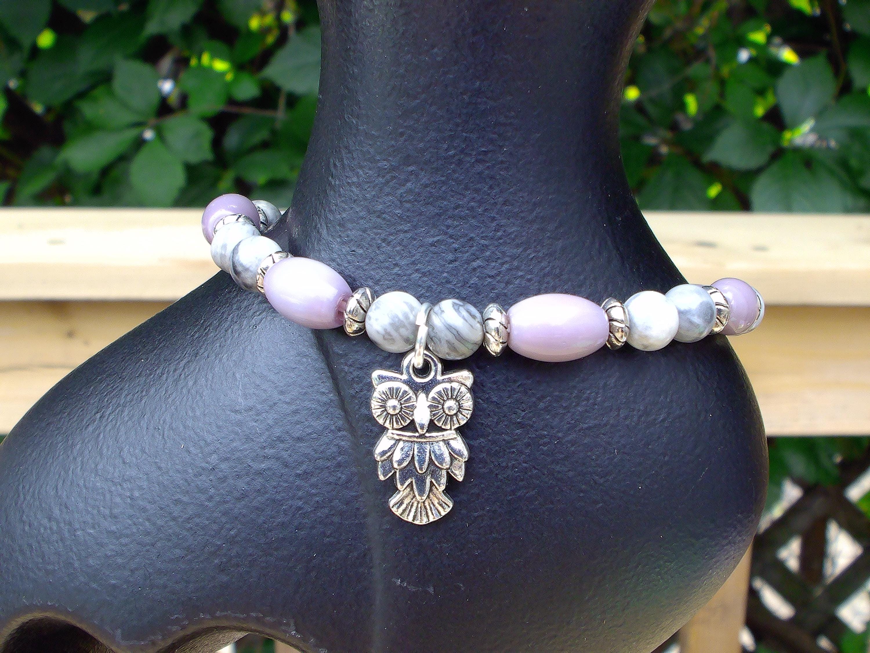 Lavender Jade and Howlite Owl Spirit Bracelet
