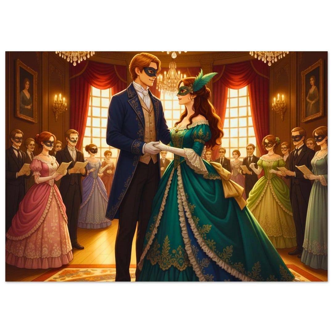Victorian Masquerade Ball Art Poster, Regency Era Ballroom Scene ...