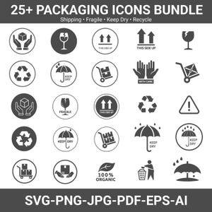 Può includere: Una raccolta di oltre 25 icone di imballaggio in bianco e nero. Le icone rappresentano spedizione, articoli fragili, mantenimento all'asciutto e riciclaggio. Il testo in basso recita "SVG-PNG-JPG-PDF-EPS-AI."
